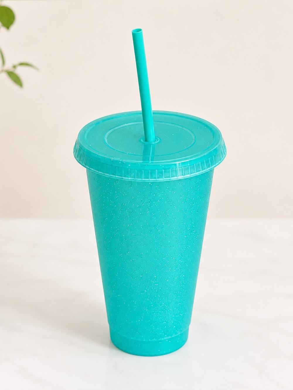 Glittery Light Green Reusable Tumbler with Straw & Lid